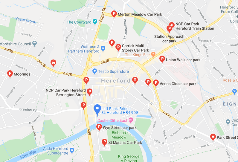 Car parking locations near The Left Bank Village in Hereford