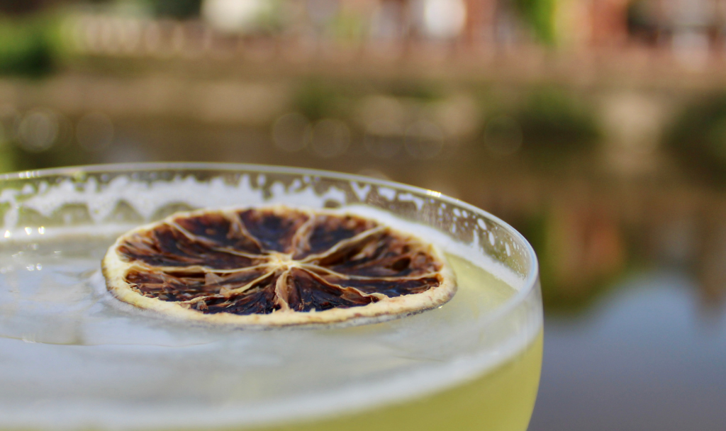 A green cocktail decorated with dehydrated orange against a backdrop of a river with houses in the distance